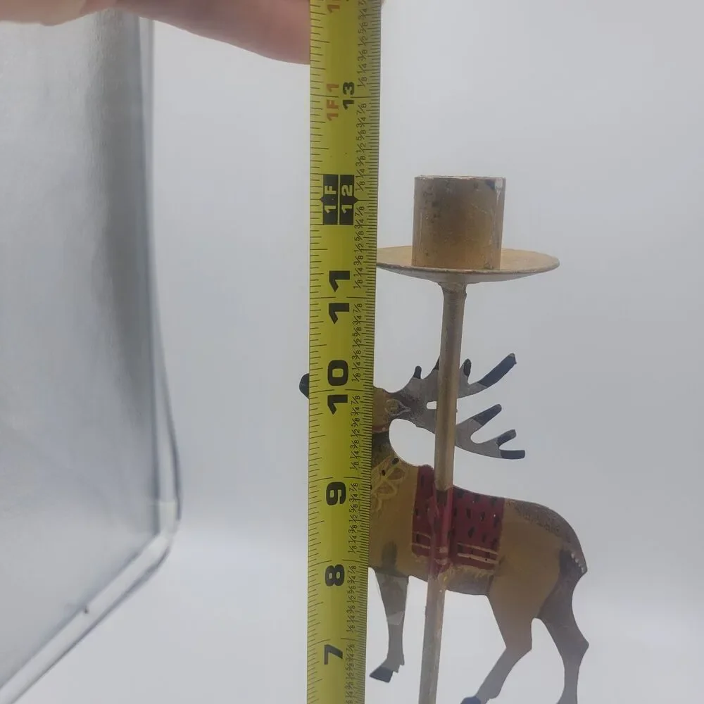 Christmas Metal Reindeer Candle Holder Candlestick Pair Hand Painted Elk Caribou